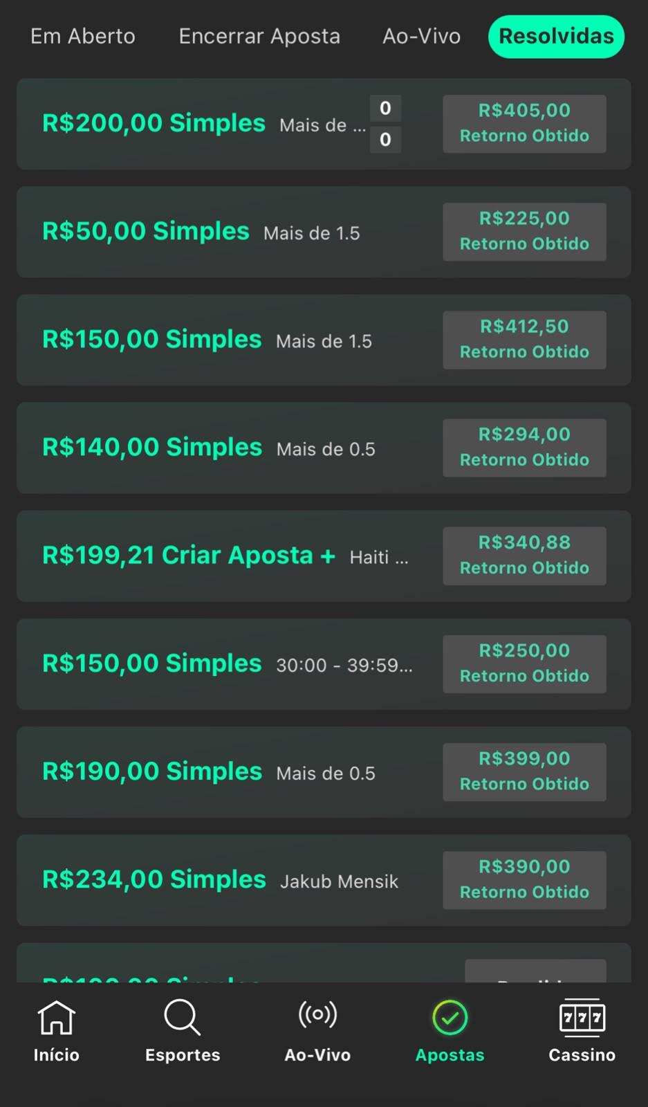 Histórico de greens com apostas resolvidas