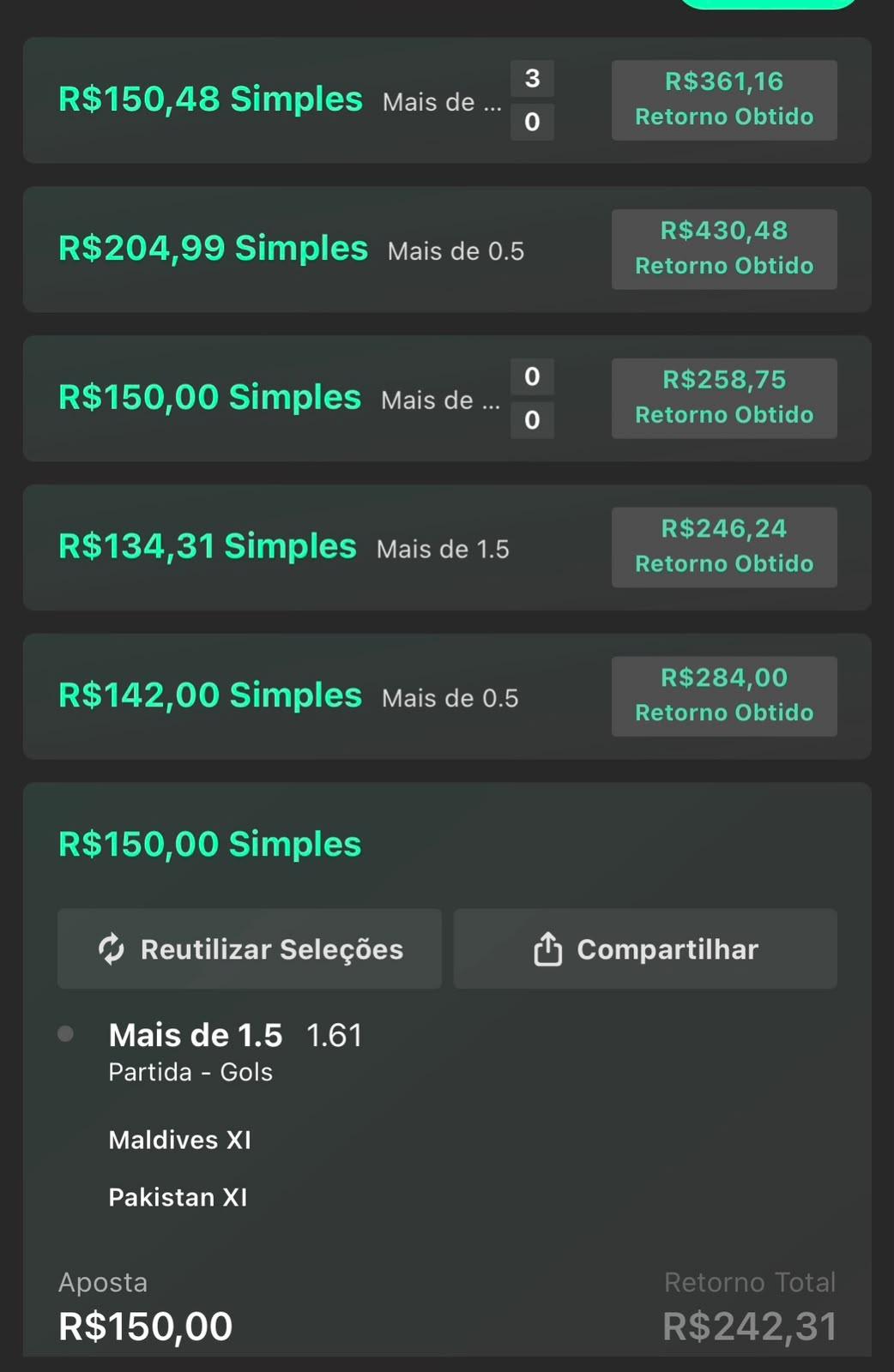 Histórico de greens com os retornos obtidos